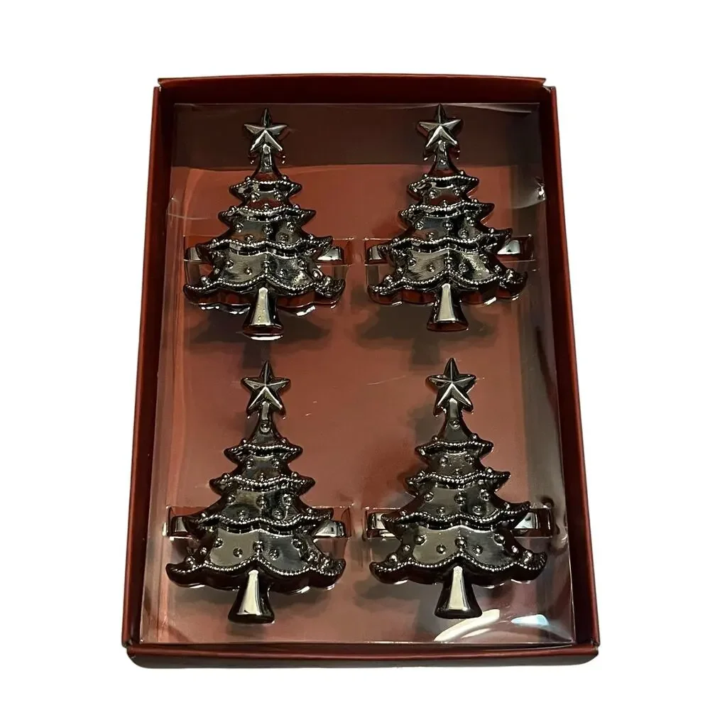 Lenox Chrome Silver Christmas Tree Napkin Rings Set of 4